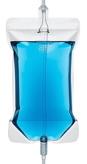 Blue intravenous fluid bag